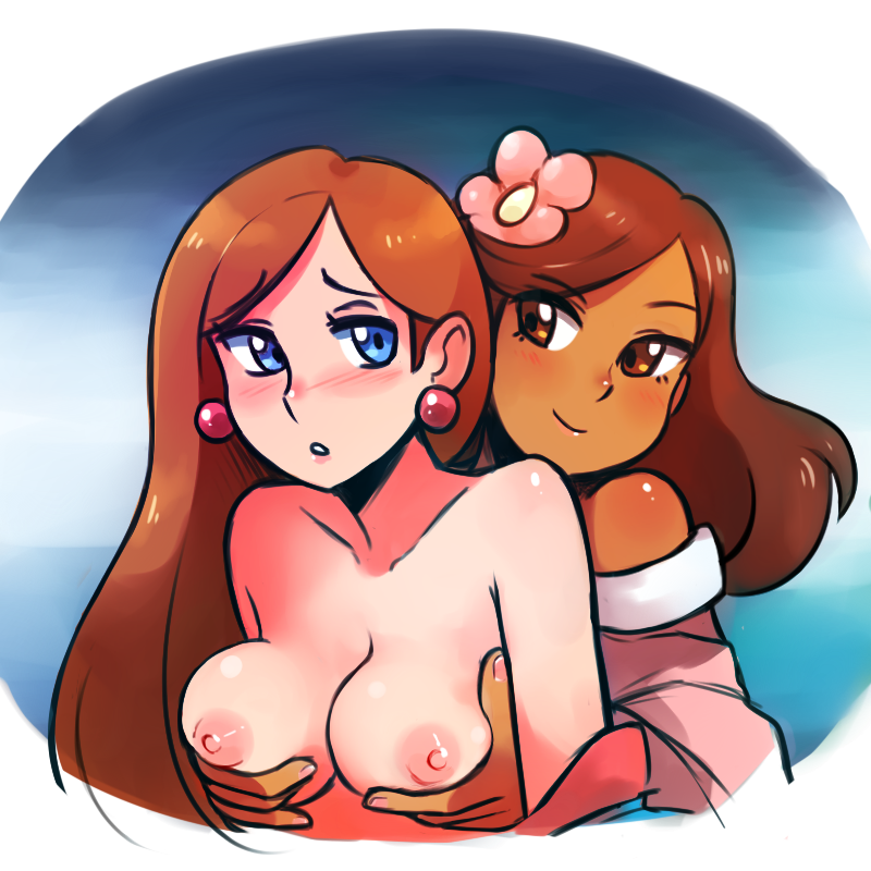 2girls :) :o art bare_shoulders blue_eyes blush breast_grab breasts brown_eyes brown_hair character_request closed_mouth clothed_female_nude_female collarbone dark_skin earrings embarrassed flower from_behind from_behind_position furisode_girl grabbing grabbing_from_behind hair_flower hair_ornament interracial jewelry long_hair looking_at_another looking_back love nail_polish neck nintendo nipples nude off_shoulder parted_lips pink_nails pokemon pokemon_(game) pokemon_sm porkyman shy smile upper_body yuri