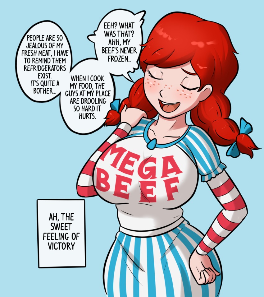 1girl big_breasts breasts female_only huge_breasts mega_milk parody relatedguy solo_female speech_bubble text text_box wendy's wendy_(wendy's)