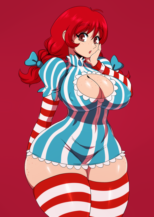 1girl big_breasts breasts cleavage cleavage_cutout clothing_cutout covered_erect_nipples curvy dress eric_lowery female_only freckles highres long_hair looking_at_viewer product_girl red_eyes red_hair solo_female striped striped_dress striped_legwear striped_thighhighs thick_thighs thighs twin_tails wendy's wendy_(wendy's) wide_hips zettai_ryouiki