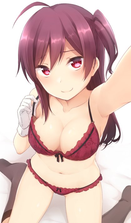 :) bra character_request cleavage cute from_above looking_at_viewer navel outstretched_arm panties red_bra red_panties series_request smile viewed_from_above