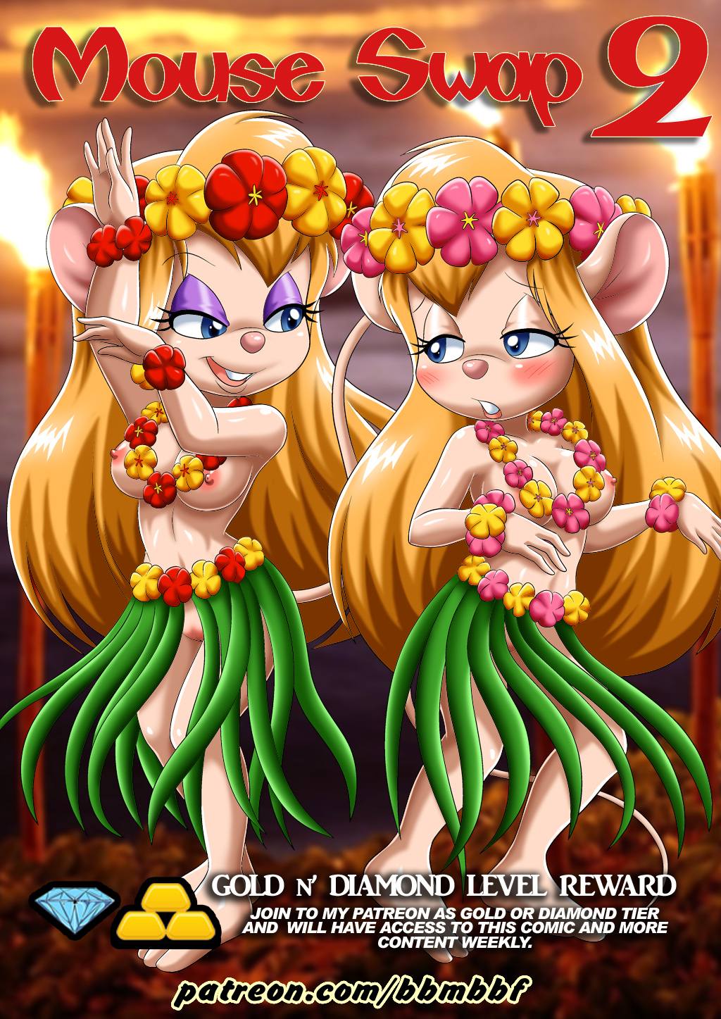 2_girls animal_ears bbmbbf blonde_hair blue_eyes blush breasts chip_'n_dale_rescue_rangers cute flower furry gadget_hackwrench lahwhinie long_hair looking_at_another multiple_girls nipples palcomix pussy smile tail