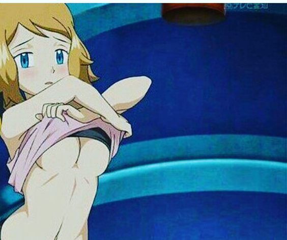 anime blush bottomless breasts edit half-closed_eyes looking_at_viewer medium_breasts pokemon pokemon_(anime) pokemon_xy serena serena_(pokemon) shirt_lift short_hair tent undressing