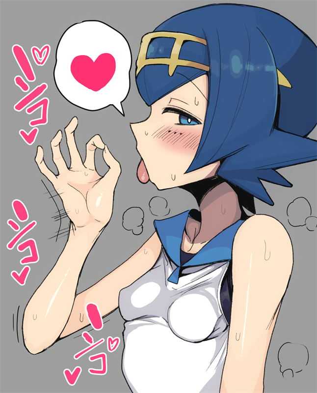 1girl bare_shoulders blue_eyes blue_hair blush breasts collarbone erect_nipples fellatio fellatio_gesture freckles grey_background hair_ornament half-closed_eyes hand_gesture heart heavy_breathing lana looking_at_viewer motsu_aki one-piece_swimsuit oral pokemon pokemon_(game) pokemon_sm sexually_suggestive shirt short_hair simple_background sleeveless sleeveless_shirt small_breasts solo spoken_heart suiren_(pokemon) sweat swimsuit swimsuit_under_clothes text thought_bubble tongue trial_captain upper_body