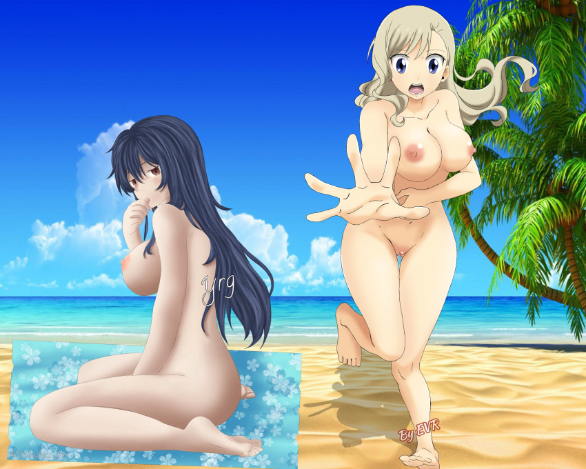 1girl 2_girls alternate_version_available beach beach_towel big_breasts blonde_hair blue_eyes blue_hair breasts completely_nude completely_nude_female eden's_zero embarrassed embarrassed_nude_female enf evr excalibur_overdrive female_focus female_full_frontal_nudity female_nudity female_only homura_kougetsu knees_together_feet_apart long_hair mole_under_eye nude nude_for_laughs ocean outside pigeon-toed public public_nudity pussy rebecca_bluegarden red_eyes sitting standing wariza
