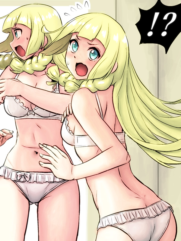! !? ? ?! artist_request ass bra caught curtain flying_sweatdrops getting_dressed lillie lillie_(pokemon) looking_at_viewer looking_back mirror naradesukedo panties pokemon pokemon_(game) pokemon_sm porkyman shocked sideboob surprised sweatdrop undressed white_bra white_panties