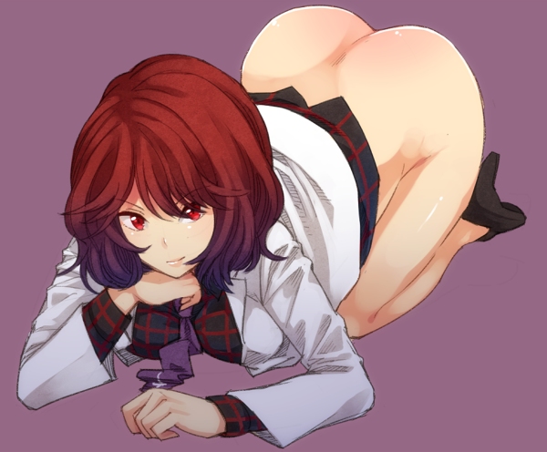 1girl ass bent_over brown_hair bubble_butt high_heel long_hair red_eyes shiny shiny_skin smile