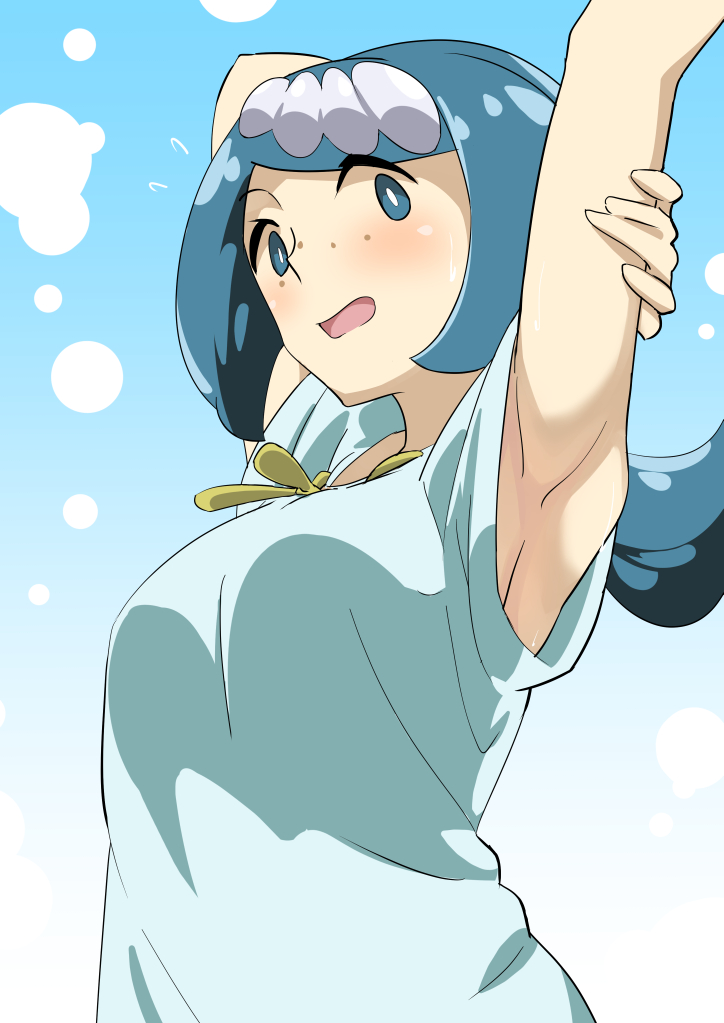 arm_up armpit armpit_peek big_breasts flying_sweatdrops freckles lana's_mother large_breasts looking_at_viewer milf pokemon pokemon_(anime) pokemon_sm ponytail solo stretch suiren's_mother upper_body yuuichi_(reductionblack)