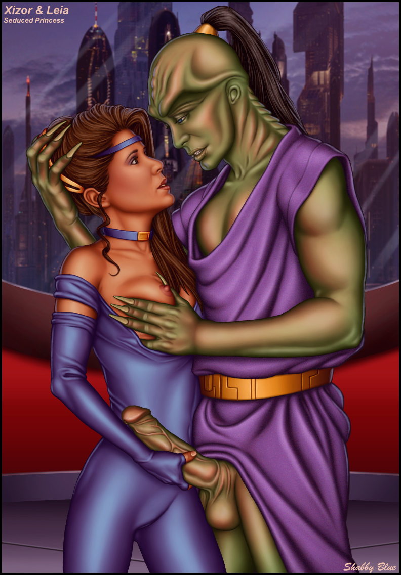 alien breast_grab breasts erection female_human interspecies partially_clothed prince_xizor princess_leia_organa shabby_blue star_wars