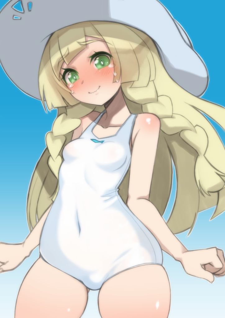 blue_background crying hat lillie lillie_(pokemon) looking_at_viewer nada_haruka one-piece_swimsuit pokemon pokemon_(anime) pokemon_sm small_breasts smile sun_hat swimsuit white_swimsuit