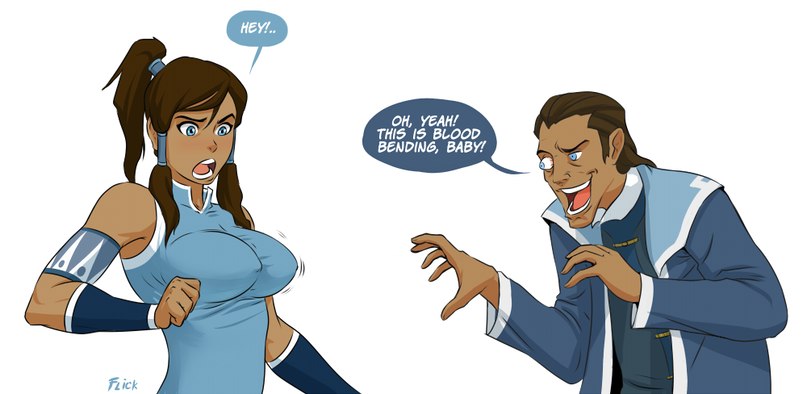 1boy 1girl avatar:_the_last_airbender bending breasts brown_hair clothed dark_skin duo english_text female female_human flick-the-thief flick_(artist) hair human human_only humor korra long_hair male male_human nipples non-nude short_hair speech_bubble standing tarrlok text the_legend_of_korra*