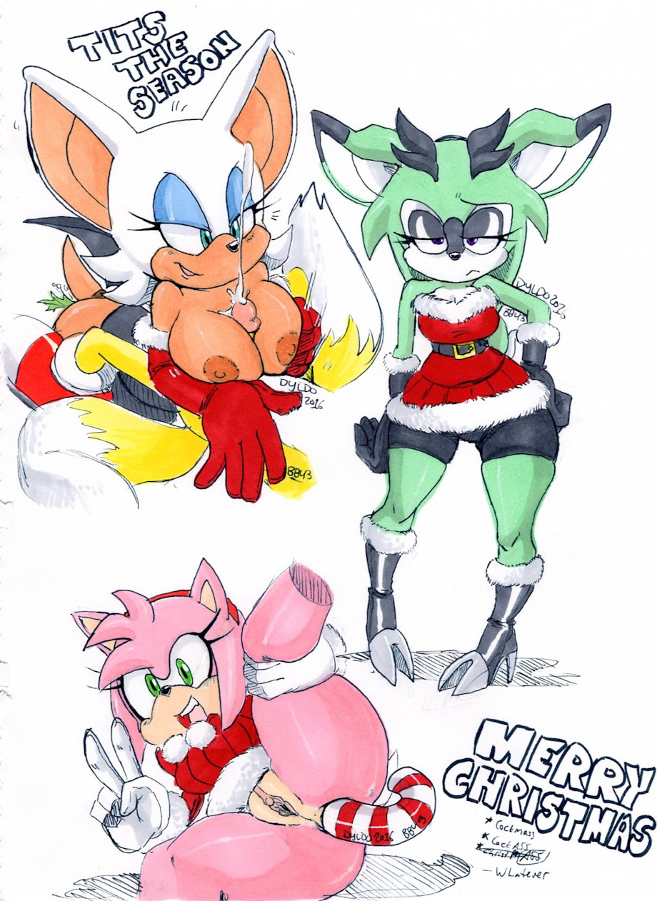 3_girls amy_rose anal_penetration animal_ears blue_eyes breasts christmas clove_the_pronghorn cute ejaculation furry green_eyes looking_at_viewer multiple_girls nipples paizuri penis pink_hair pussy rouge_the_bat semen short_hair smile sonic_(series) tail text wordplay