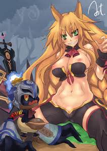 ambiguous_gender blonde_hair breasts duo female hair long_hair looking_at_viewer looking_back lowres metallia nipples the_great_swamp_witch_metallia the_hundred_knight the_witch_and_the_hundred_knight