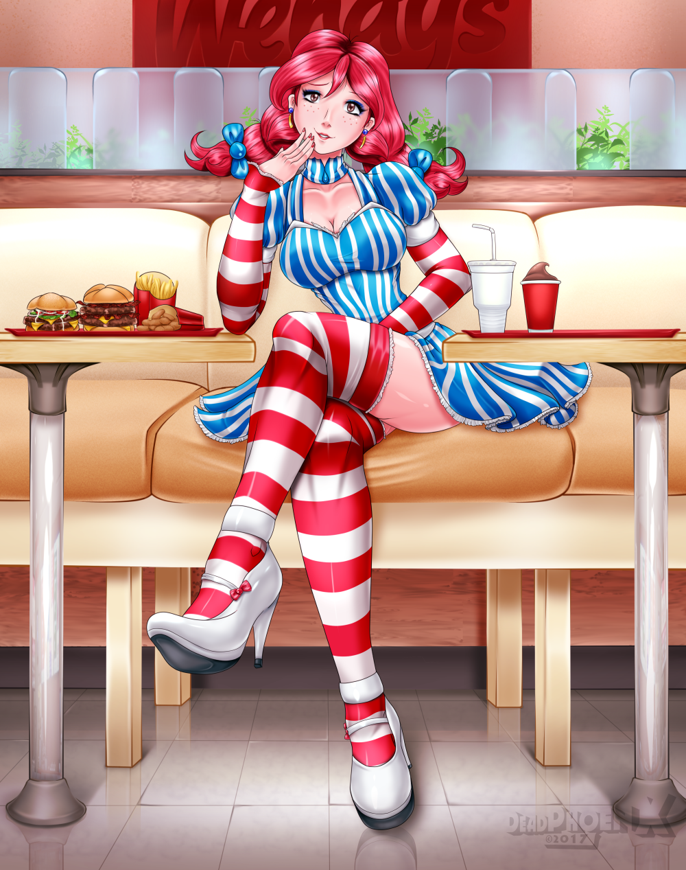 1girl bacon beverage big_breasts breasts burger cleavage cola deadphoenx female female_only food fries ice_cream nuggets solo_female wendy's wendy_(wendy's)