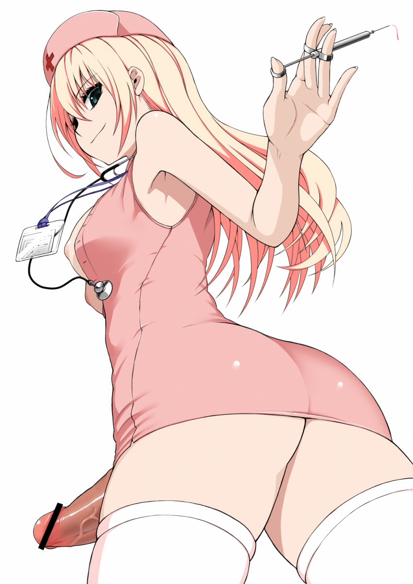 1girl armpits arms_up ass bar_censor bare_shoulders blonde_hair breasts censored from_below futanari green_eyes hat highres holding kamata_yuuya long_hair looking_at_viewer name_tag no_bra nurse nurse_cap original penis pointless_censoring resolution_mismatch simple_background smile solo stethoscope syringe thighhighs white_background white_legwear