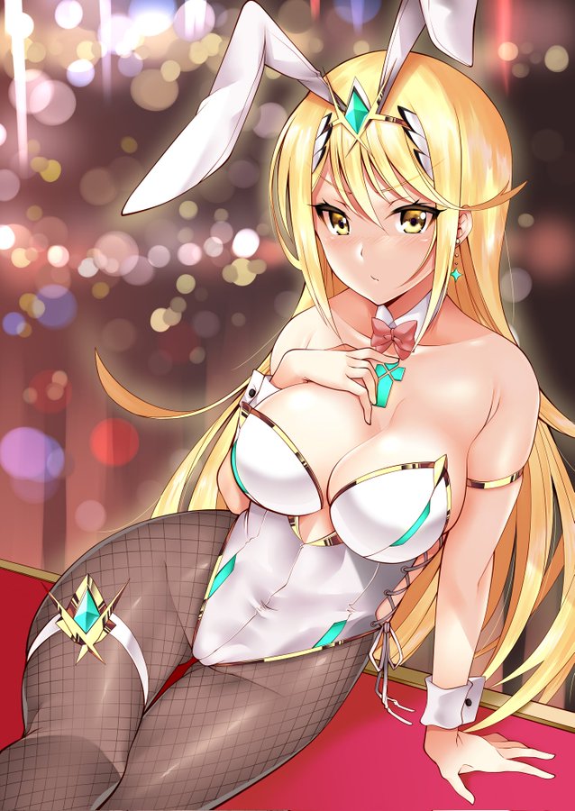 1girl alluring animal_ears bangs big_breasts blonde_hair blush breasts bunny_ears bunny_girl bunnysuit chest_jewel cleavage closed_mouth core_crystal fake_animal_ears female_focus female_only gold_eyes hair_ornament hand_on_chest jewelry kou_(artist) long_hair looking_at_viewer mythra nintendo playboy_bunny swept_bangs thighs tiara xenoblade_(series) xenoblade_chronicles_2