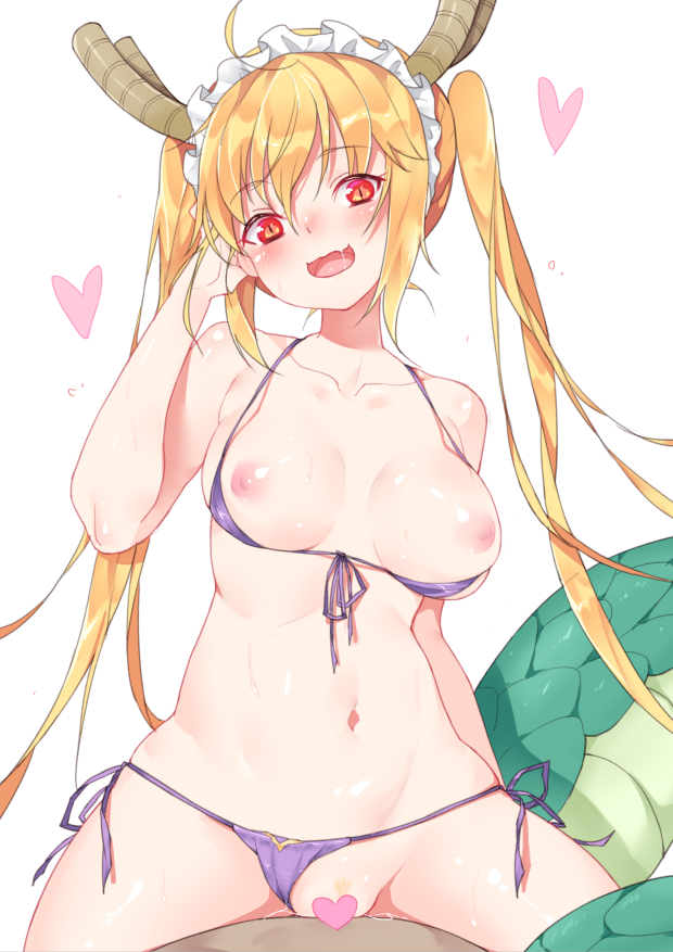 1boy 1girl :d ahoge arm_at_side bangs bare_shoulders bikini bikini_aside blonde blonde_hair blush breasts breasts_out_of_clothes censored clavicle cowgirl_position dragon_girl dragon_tail eyebrows_visible_through_hair front-tie_bikini front-tie_top girl_on_top hand_in_hair head_tilt heart heart_censor hetero long_hair looking_at_viewer maid_headdress male/female medium_breasts miss_kobayashi's_dragon_maid monster_girl navel nipples open_mouth pubic_hair purple_bikini purple_ribbon red_eyes revision ribbon scales sela_(08180074) sex shiny shiny_skin side-tie_bikini simple_background skindentation slit_pupils smile solo_focus spread_legs stomach straddling swimsuit tail tied_hair tohru_(dragon_maid) twin_tails vaginal very_long_hair white_background