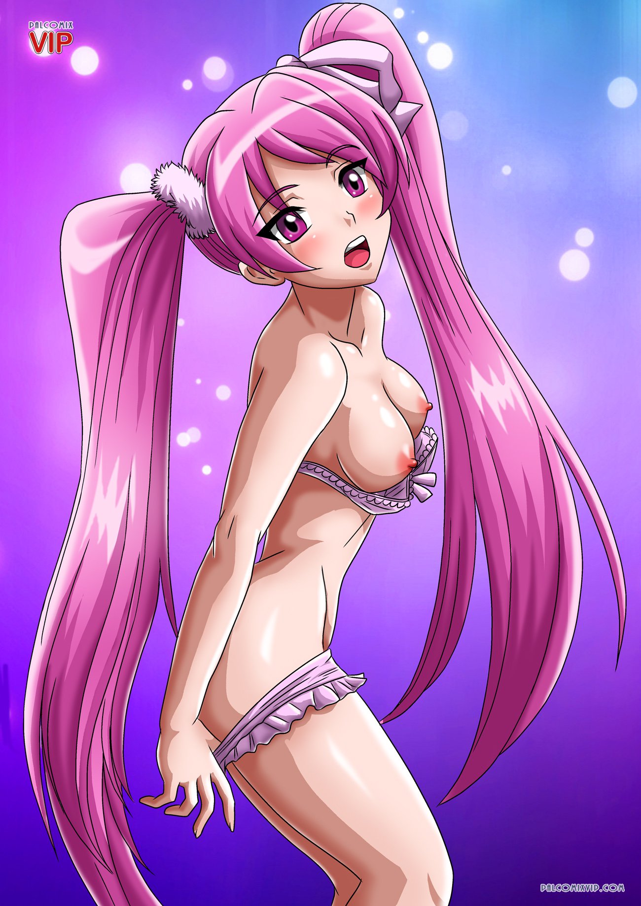 1_female 1_human 1girl akame_ga_kill! bra breasts exposed_breasts female female_human female_only hair human human_only long_hair looking_at_viewer mein mine_(akame_ga_kill!) mostly_nude nipples palcomix panties pigtails pink_hair solo standing underwear undressing very_long_hair