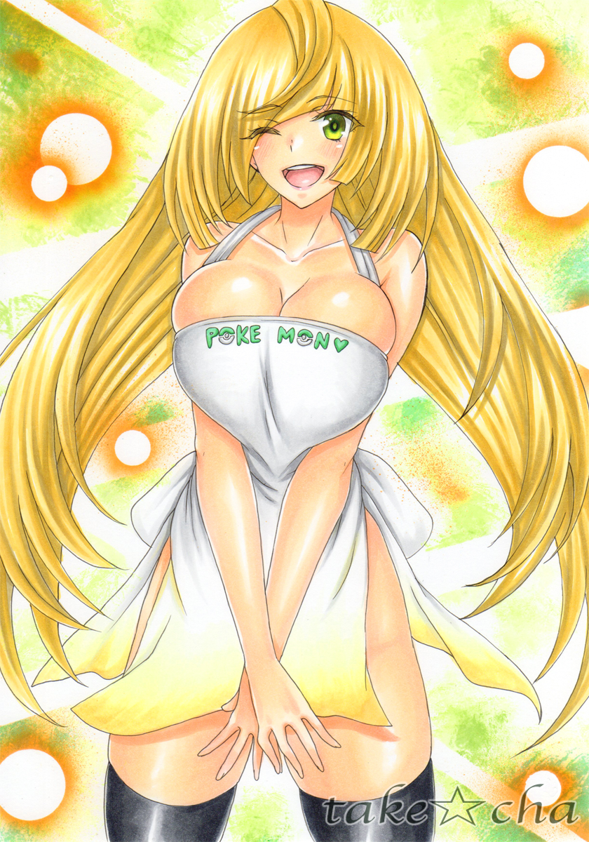 ;d aether_foundation apron big_breasts cleavage heart lusamine milf naked_apron pokemon pokemon_sm smile takecha wink