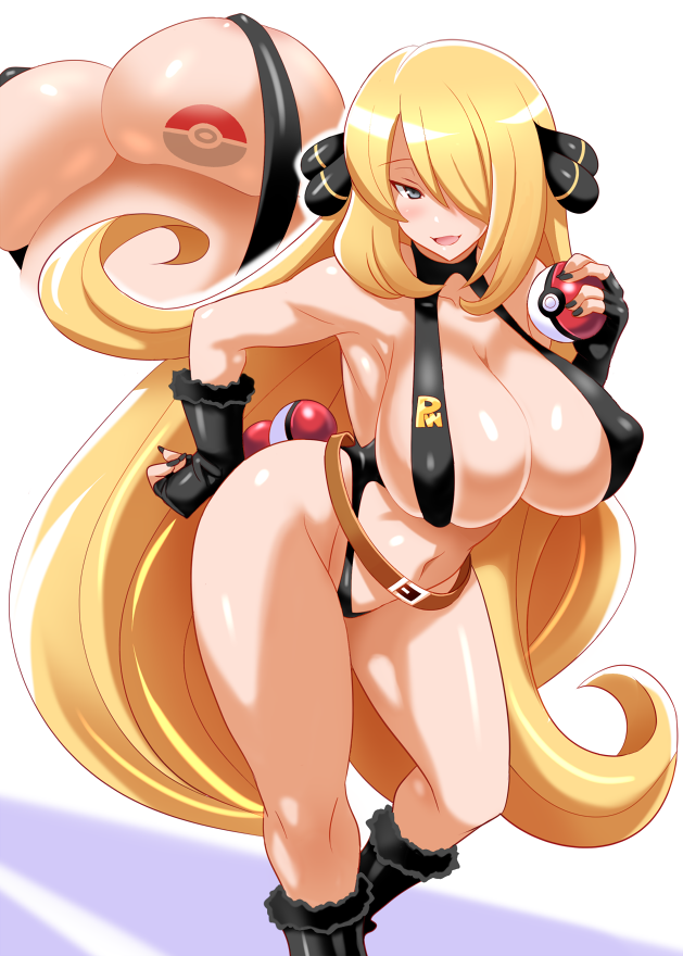 1girl big_breasts bikini blonde_hair breasts cute cynthia konno_tohiro long_hair pokeball pokemon smile