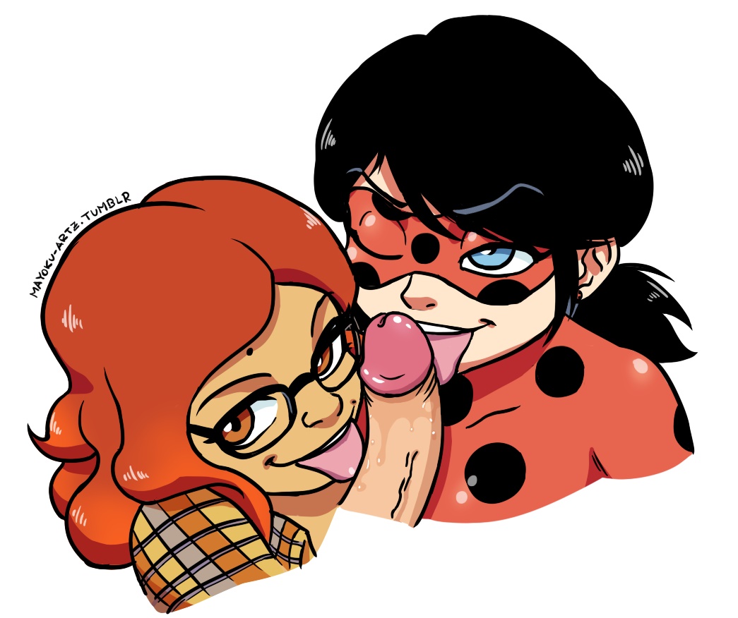 alya_cesaire double_fellatio fellatio glasses interracial licking licking_penis looking_at_viewer marinette_cheng mayoku miraculous_ladybug mole oral penis pov smile