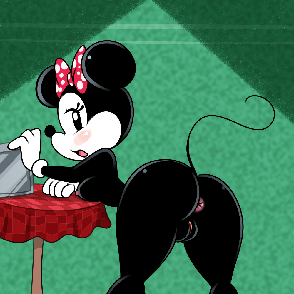1girl animal_ears anus ass bent_over black_eyes black_fur blush bow breasts cute disney furry gloves looking_at_viewer looking_back minnie_mouse mouse nipples nude pussy round_ears surprised tail