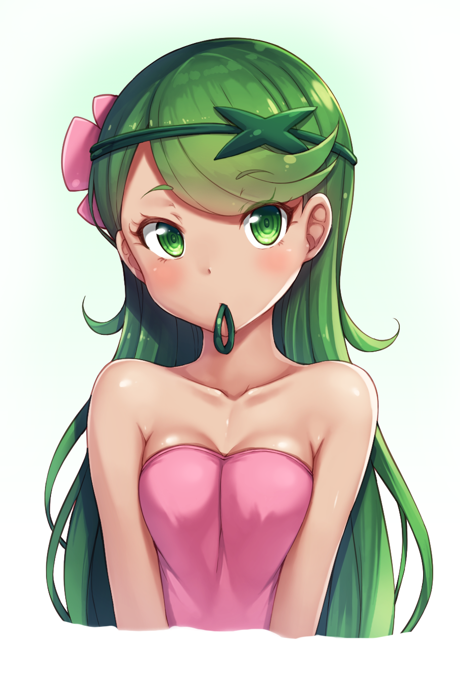 1girl alternate_hairstyle arm arms_at_sides art babe bare_arms bare_shoulders blush breasts cleavage collarbone dark_skin flower green_eyes green_hair green_hairband hair_down hair_flower hair_ornament hairband long_hair looking_at_viewer mallow mallow_(pokemon) mao_(pokemon) matching_hair/eyes medium_breasts mouth_hold neck nintendo pink_tubetop pokemon pokemon_(anime) pokemon_(game) pokemon_sm simple_background snowcanvas strapless trial_captain tubetop upper_body white_background
