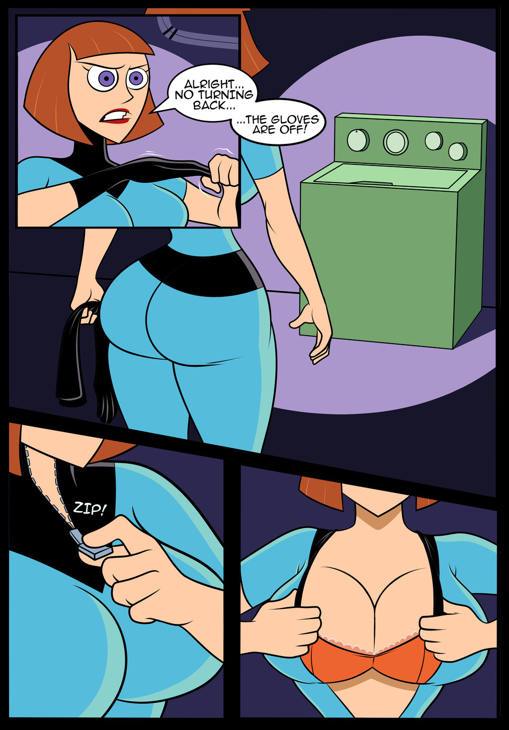 ass big_ass big_breasts bodysuit bra breasts cleavage comic danny_phantom dat_ass female madeline_fenton milf solo speech_bubble text the_containment_unit_(comic) tubbytoons tubbytoons_(artist) undressing