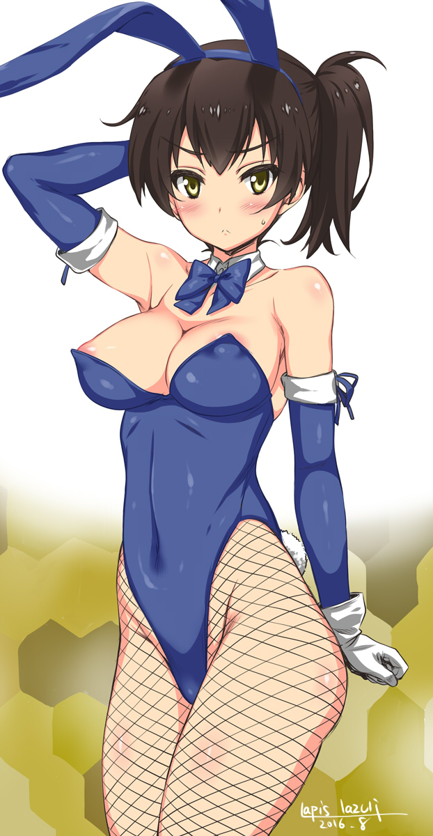 1girl 2016 arm arm_up arms art babe bare_shoulders big_breasts black_hair blue_bow blue_gloves blue_leotard blush bow bowtie breasts bunny_ears bunny_girl bunny_tail bunnysuit cleavage covered_navel cute dated detached_collar elbow_gloves fake_animal_ears gloves kaga_(kantai_collection) kantai_collection leotard looking_at_viewer nipple_slip nipples short_hair shy side_ponytail standing strapless strapless_leotard sweat sweatdrop tail white_gloves yellow_eyes