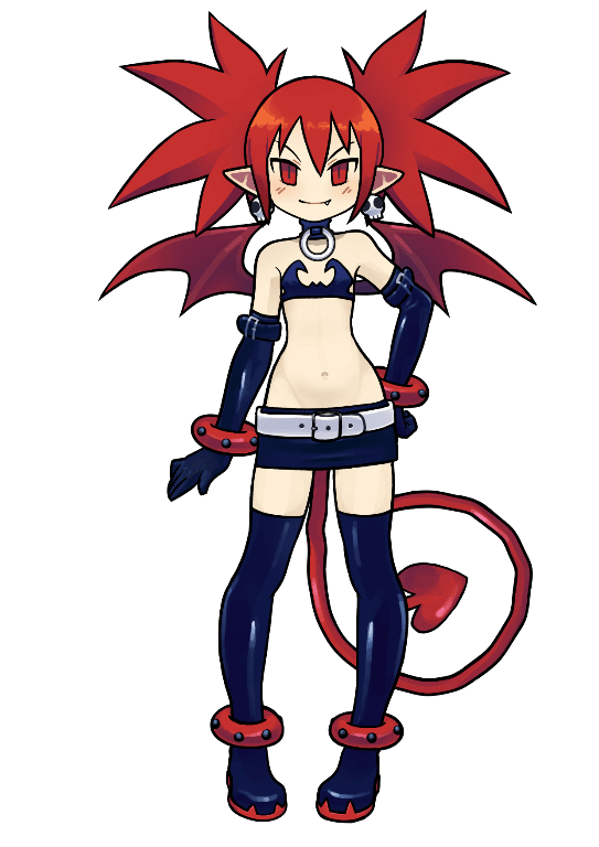 1girl cute demon_girl disgaea etna gif looking_at_viewer miniskirt pointed_ears red_eyes red_hair short_hair smile tail wings