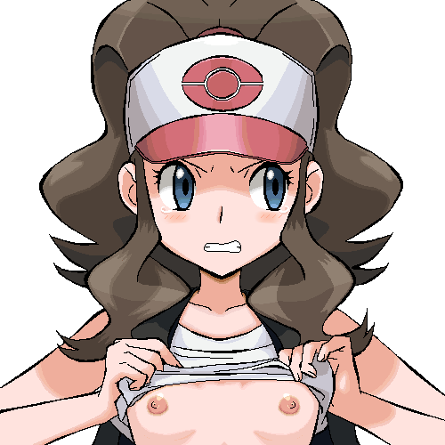 blue_eyes frown game_freak hilda looking_to_the_side mad nintendo non-english_tag pokemon pokemon_(game) pokemon_bw shirt_lift touko_(pokemon) upper_body うごたまろ