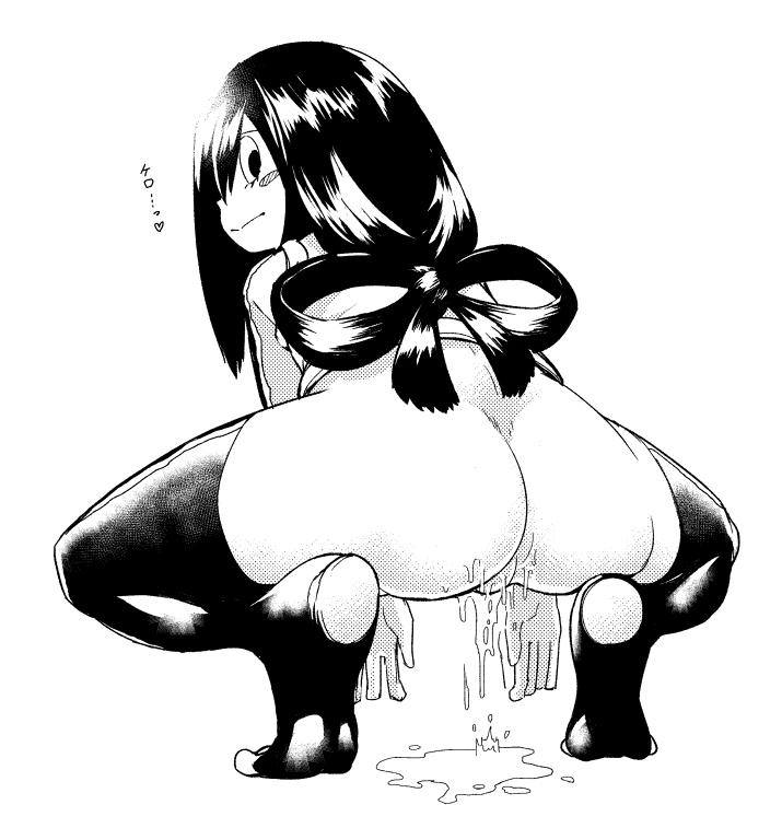 10s 1girl artist_request ass asui_tsuyu boku_no_hero_academia feet from_behind hands legwear long_hair looking_back low-tied_long_hair low_tied_hair monochrome my_hero_academia pussy pussy_juice solo spread_legs squatting thighhighs tied_hair toeless_legwear tsuyu_asui
