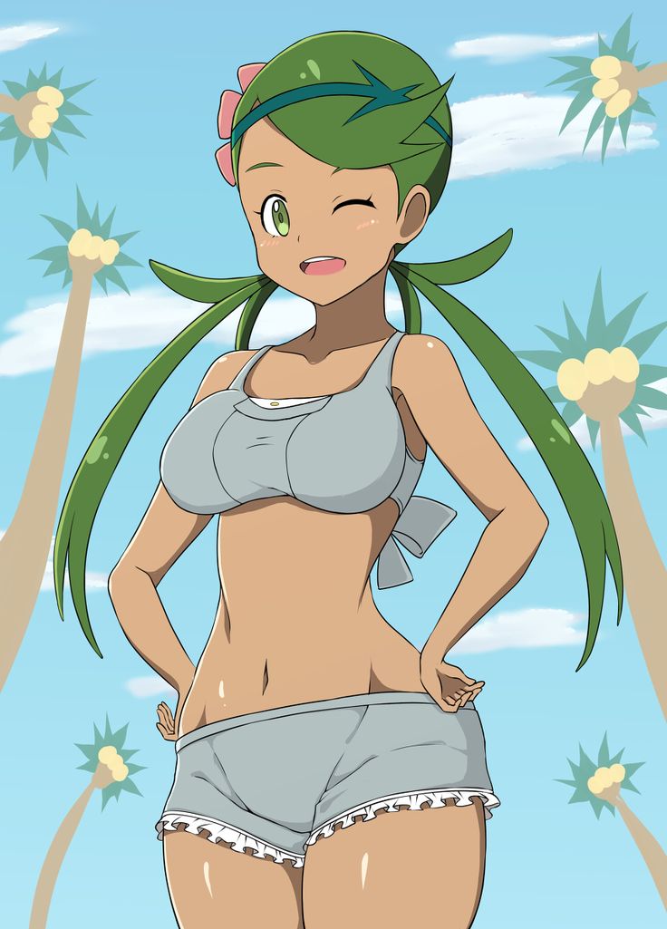 ;) artist_request big_breasts bikini hands_on_hips looking_at_viewer mallow mallow_(pokemon) mao_(pokemon) navel pokemon pokemon_sm smile wide_hips wink