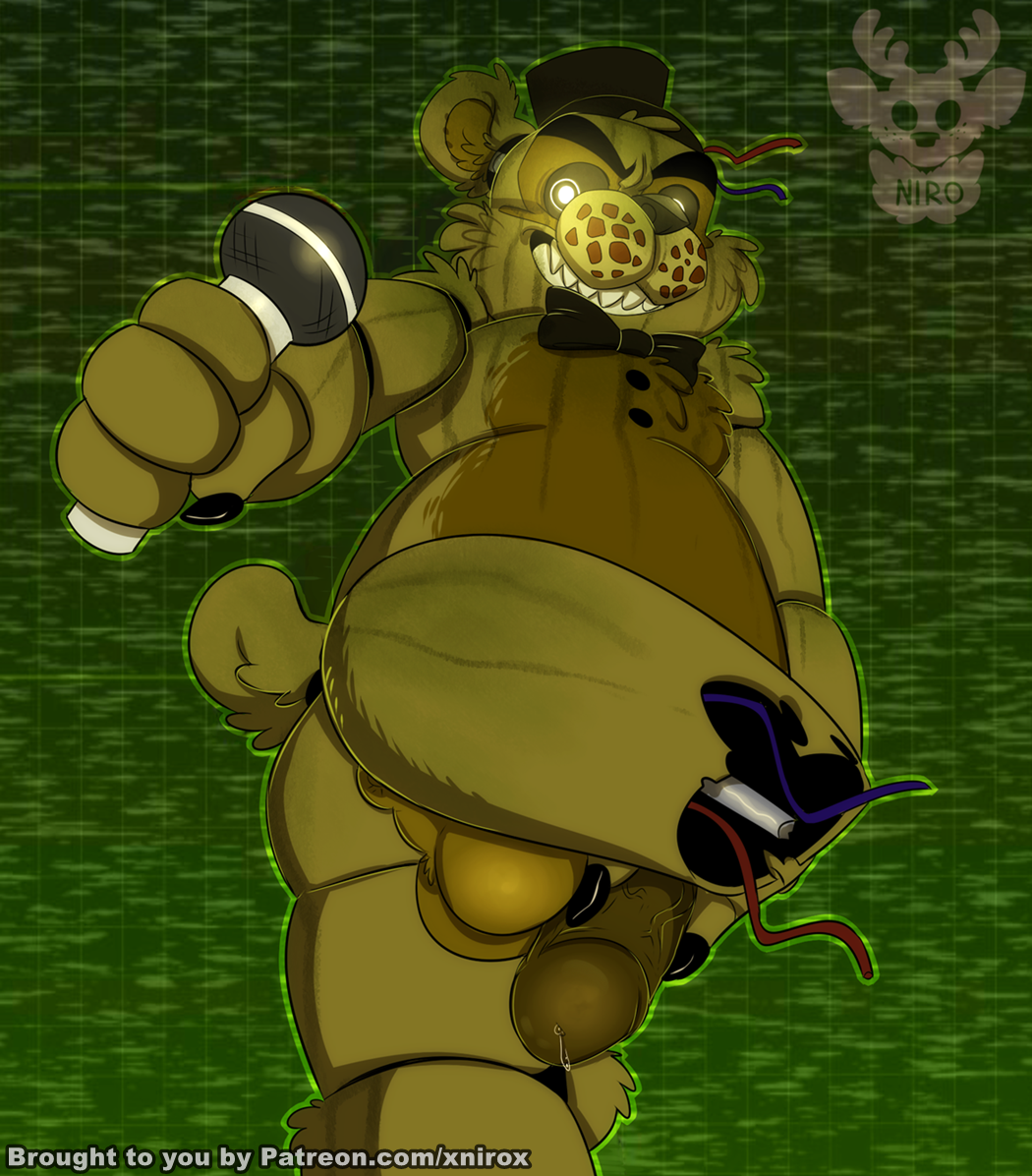 1boy animatronic anthro anus ass balls bear black_bow_tie black_hat black_nose bodily_fluids bow_tie conditional_dnp english_text five_nights_at_freddy's five_nights_at_freddy's_3 fur gay genital_fluids genitals glowing_eyes grabbing_microphone grabbing_penis green_background green_body green_fur holding_microphone humanoid_genitalia humanoid_penis looking_at_viewer looking_back machine male male_only mammal microphone open_mouth penis phantom_freddy_(fnaf) precum robot sharp_teeth smile tail teeth text top_hat url ursid vein video_games watermark xnirox yaoi yellow_eyes
