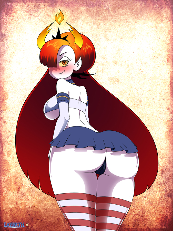 ass big_ass blush hair_over_one_eye hekapoo layerth looking_at_viewer looking_back sideboob skirt smile smirk star_vs_the_forces_of_evil stockings underboob