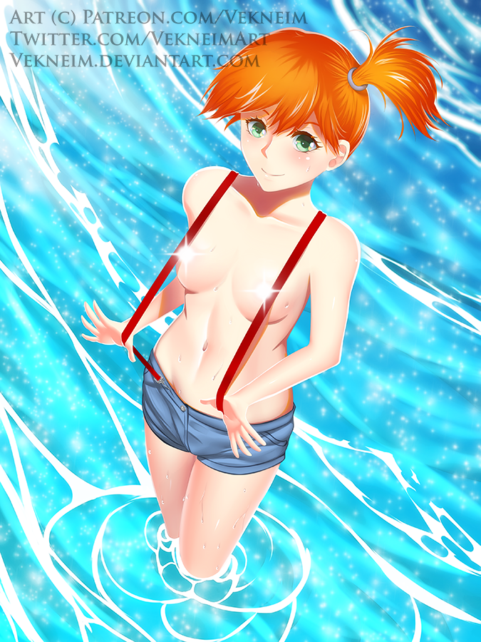 artist_name censored cute from_above kasumi_(pokemon) misty no_bra no_shirt orange_hair pokemon pokemon_(anime) ponytail red_hair redhead side_ponytail small_breasts smile standing vekneim viewed_from_above water wet