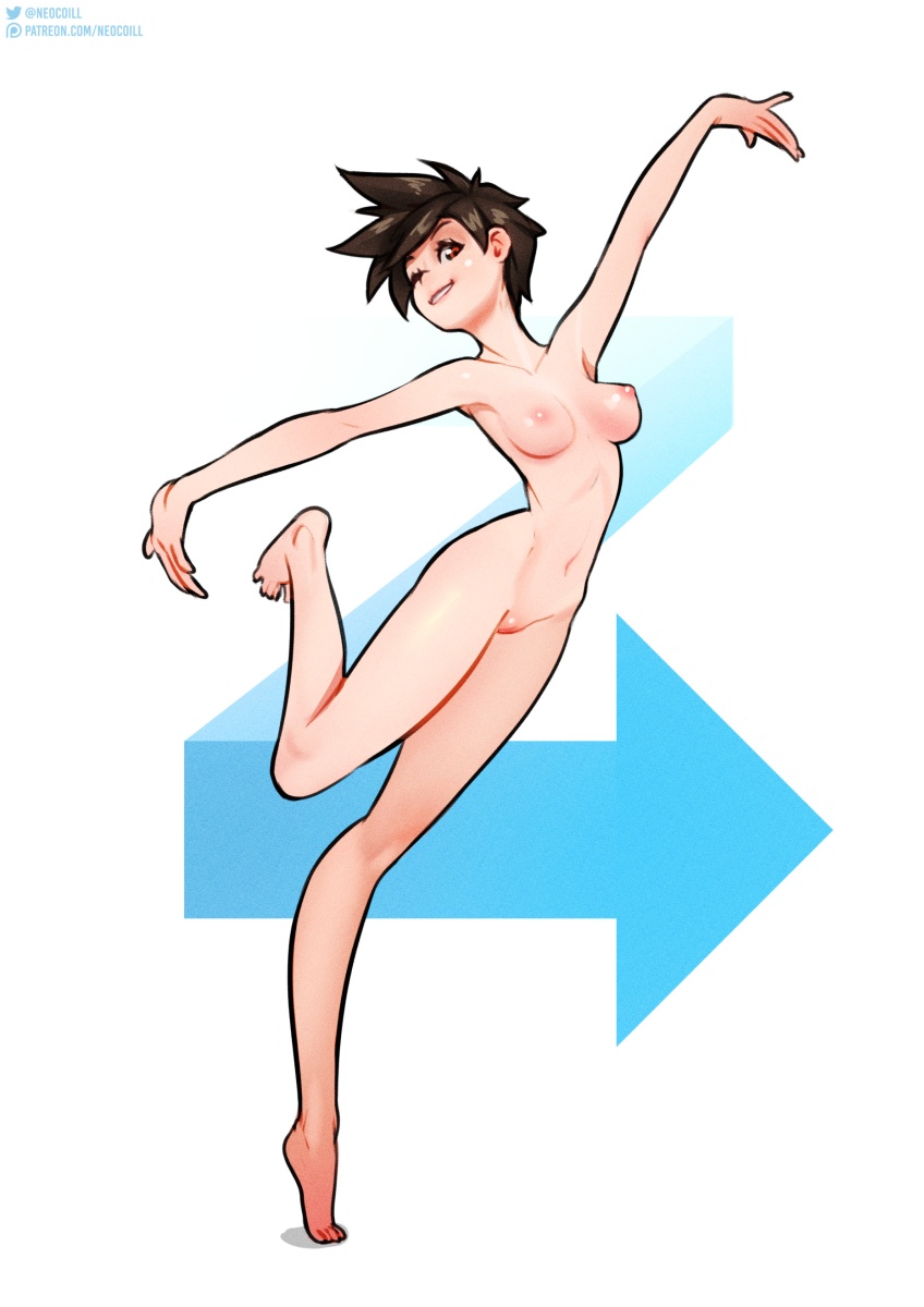 1girl 1girl 1girl arrow_background barefoot breasts brown_eyes brown_hair directional_arrow feet full_body high_resolution lena_oxton navel neocoill nipples nude one_eye_closed outstretched_arms overwatch patreon_username pussy short_hair smile standing standing_on_one_leg tiptoes tracer_(overwatch) twitter_username watermark white_background