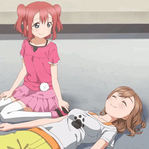 10s 2_girls animated big_breasts blush bouncing_breasts breast_poke breasts brown_hair closed_eyes collarbone female_focus flower gif green_eyes jiggle kunikida_hanamaru kurosawa_ruby long_hair looking_at_another loop love_live! love_live!_sunshine!! lying multiple_girls on_back outside poking red_hair shipii_(jigglypuff) skirt smile twin_tails two_side_up yuri