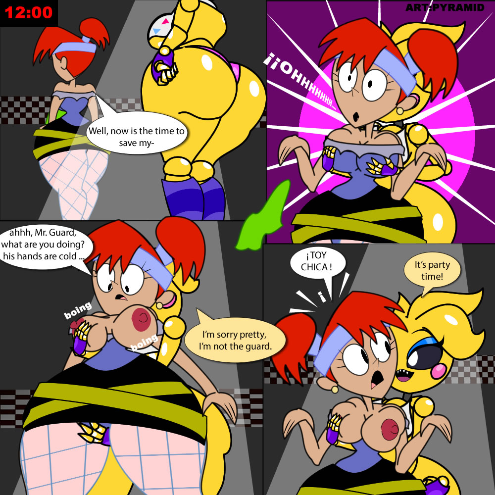 2_girls animatronic breast_squeeze breasts cleaning_lady comic dexter's_laboratory dexter's_mom dialogue fat_ass five_nights_at_freddy's_2 hand_on_pussy huge_breasts pyramid_(artist) surprised touching_body toy_chica toy_chica_(eroticphobia) younger_female yuri