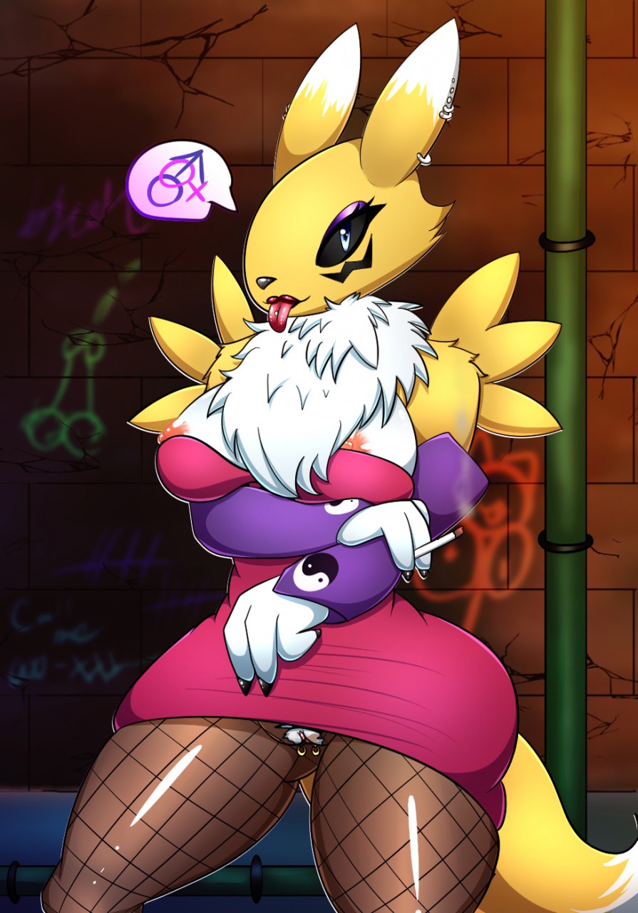 1girl 2017 alley anthro areolae big_breasts breasts chest_tuft cigarette clothing digimon dress ear_piercing fishnet furry genital_piercing highres legwear nipples piercing prostitution pussy pussy_piercing renamon smoking speech_bubble stockings tohidetoblaze_(artist) tongue tongue_out tongue_piercing torn_clothing tuft