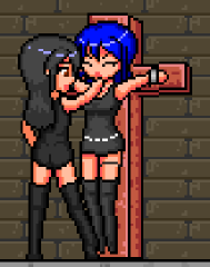2_girls animated animated_gif black_hair blue_hair cross fingering gif kissing multiple_girls original pixel_art playing_with_breasts tied_up yuri