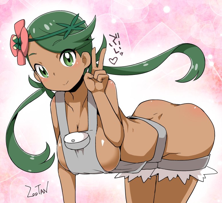 1girl apron areolae ass blush breasts cleavage collarbone cowboy_shot dark_skin dimples_of_venus eyelashes flower gradient gradient_background green_eyes green_hair hair_flower hair_ornament hands heart large_breasts long_hair looking_at_viewer low_twintails mallow mallow_(pokemon) mao_(pokemon) naked_apron no_bra no_panties open_mouth pokemon pokemon_(game) pokemon_sm pose sideboob tied_hair trial_captain twintails v zootan