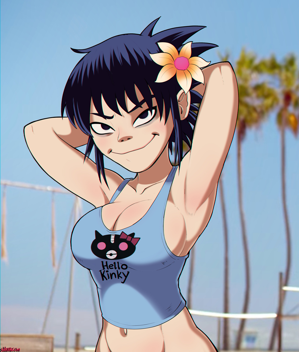1girl big_breasts breasts cleavage female female_only gorillaz noodle_(gorillaz) sky smile solo tease therealshadman