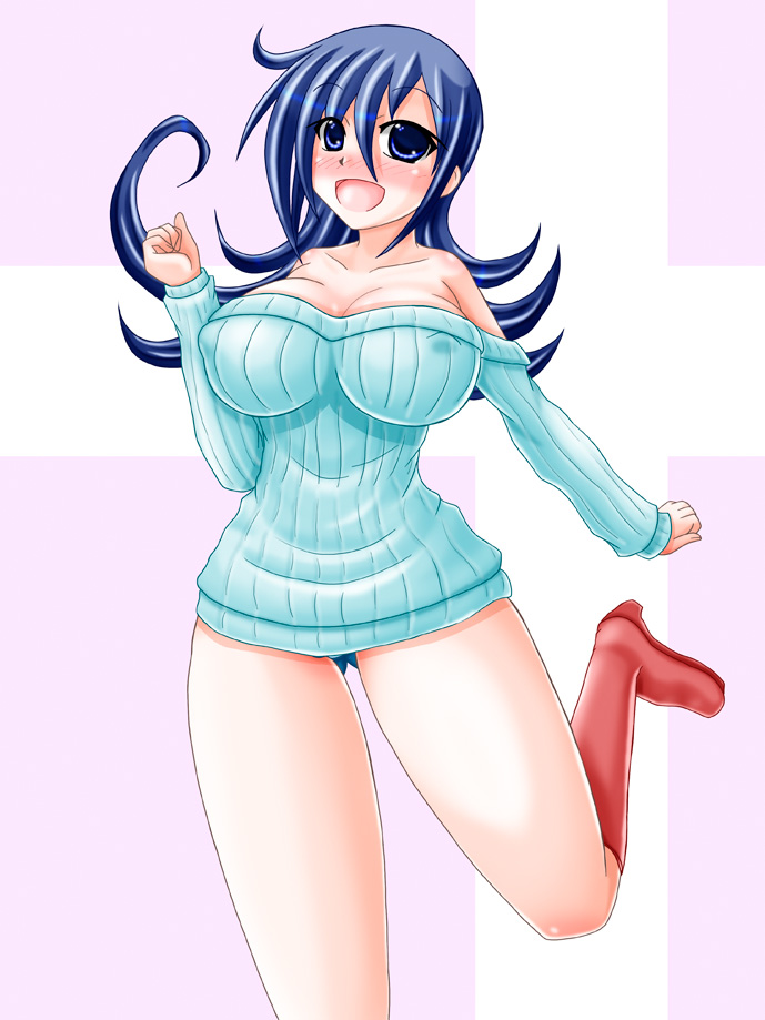 :d big_breasts blue_sweater breasts cleavage duel_masters erect_nipples female happy looking_at_viewer mimi_tasogare nipples off-shoulder_sweater open_fly solo sweater tasogare_mimi