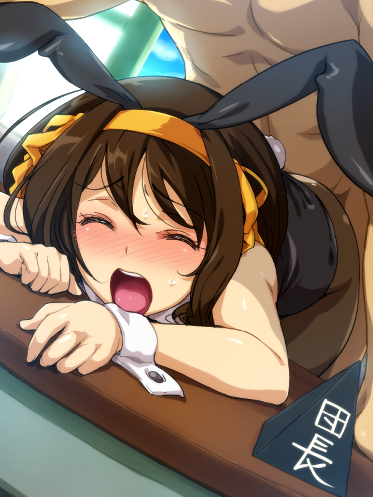 1boy 1girl brown_hair bunny_girl bunnysuit closed_eyes clothed_female_nude_male clothed_sex cosplay dark-skinned_male doggy_position good_sex hair_ornament hetero open_mouth orgasm_face sex shiny_skin short_hair suzumiya_haruhi suzumiya_haruhi_no_yuuutsu torn_clothes