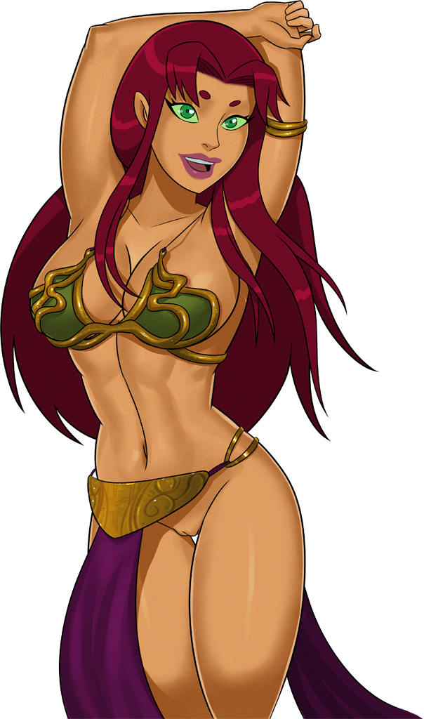 1girl big_breasts breasts cosplay dc_comics female_only green_eyes insanely_hot long_hair looking_at_viewer orange_skin princess_leia_organa pussy red_hair return_of_the_jedi slave_leia slave_leia_(cosplay) star_wars starfire sunsetriders7 teen_titans