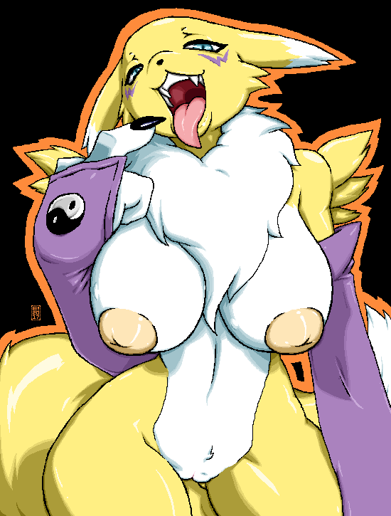 1girl 2017 3_fingers anthro areola blue_eyes breasts claws digimon e! female_renamon fur furry inverted_nipples mindseyeanime mostly_nude neck_tuft nipples pointing pussy renamon tongue tongue_out tuft white_fur yellow_fur