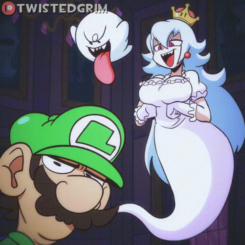 boosette bouncing_breasts cleavage crown dress flashing_breasts ghost gif luigi mario_bros mouth_open princess red_eyes super_mario_bros. super_smash_bros. teasing tongue_out twistedgrim