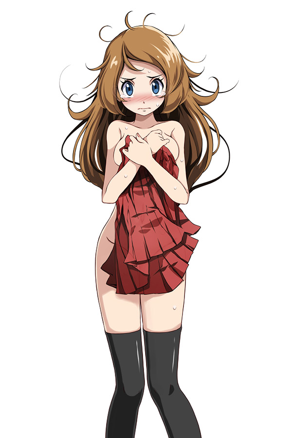 1girl 1girl 1girl bangs bare_arms bare_shoulders black_legwear blue_eyes blush breast_squeeze breasts collarbone covering covering_breasts creatures_(company) crying crying_with_eyes_open embarrassed embarrassed_nude_female enf female_only game_freak light_brown_hair long_hair looking_at_viewer medium_breasts messy_hair nintendo no_bra no_panties no_shirt pleated_skirt pokemon pokemon_(game) pokemon_xy red_skirt serena_(pokemon) simple_background skirt sole_female solo_female standing stockings sweat sweatdrop tears tsukishiro_saika white_background