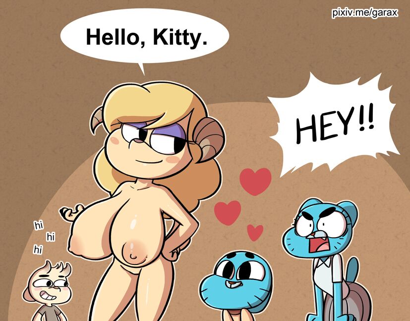 anthro big_breasts blue_fur breasts caprine cartoon_network chi_chi chun_ni clothing english_text feline fur furry garabatoz goat gumball_watterson heart horn huge_breasts mammal mature milf mother_and_son nicole_watterson nipples nude parent skirt son text the_amazing_world_of_gumball