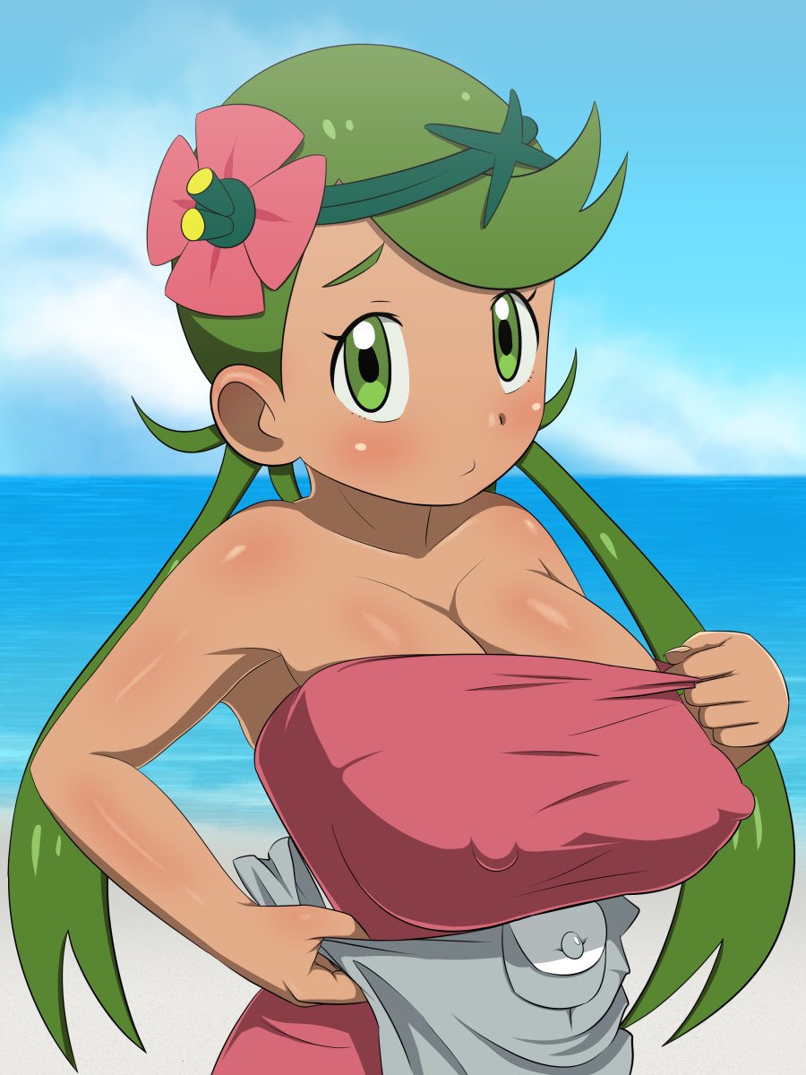 1girl alternate_breast_size apron apron_aside bangs bare_shoulders beach big_breasts blue_sky blush breasts brown_skin cleavage closed_mouth clothed cloud dark_skin day erect_nipples flower flower_on_head green_eyes green_hair hair_flower hair_ornament headband highres huge_breasts large_breasts long_hair looking_at_viewer mallow mallow_(pokemon) mao_(pokemon) nintendo ocean pink_shirt pokemon pokemon_(game) pokemon_sm pout shirt shirt_pull sky sleeveless sleeveless_shirt solo swept_bangs trial_captain twintails